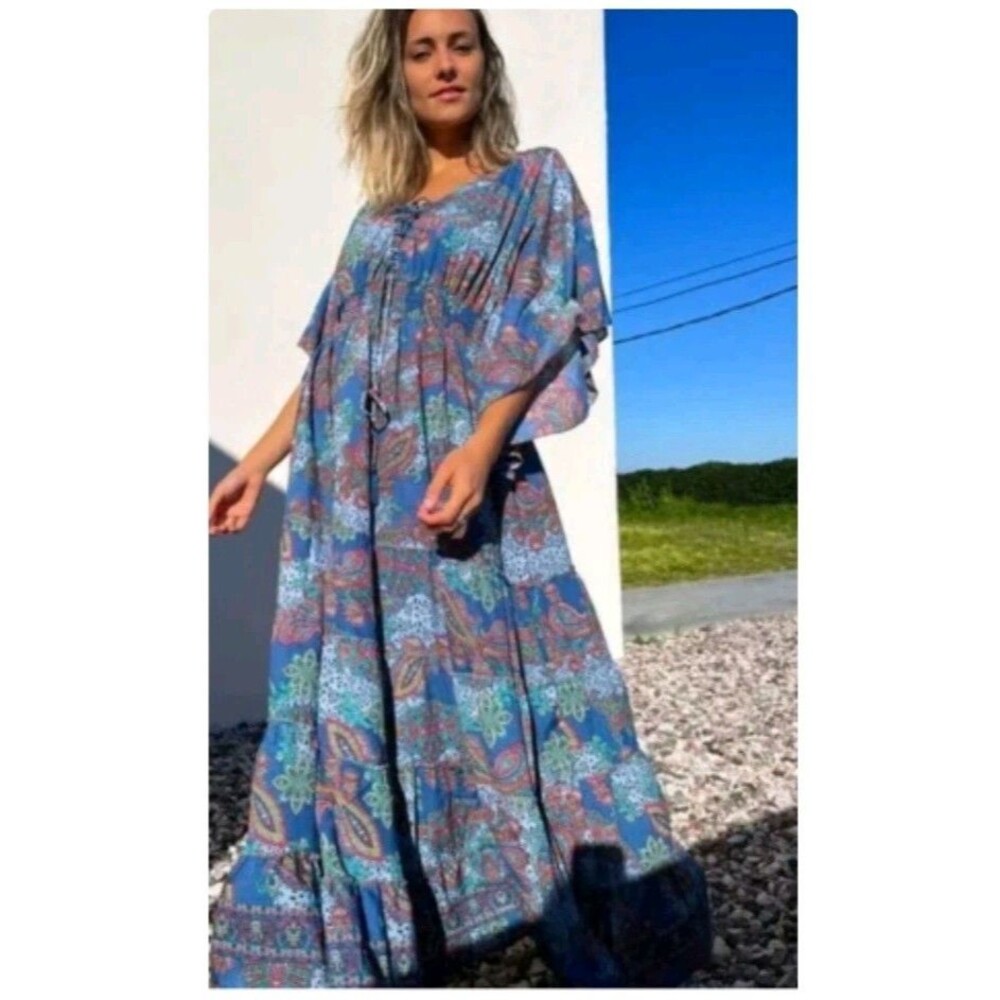 Boemo Dress Womens Large Blue Paisley Maxi Smocked V-Neck Flutter Sleeve Tie